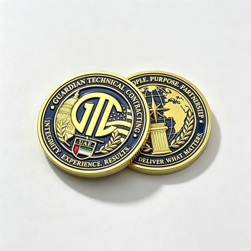 Custom challenge coin design 01, gold coin with blue enamel emblem