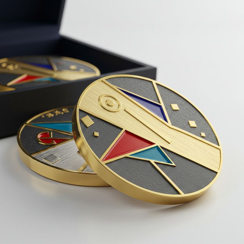 Custom challenge coin design 05, gold coin with geometric enamel design