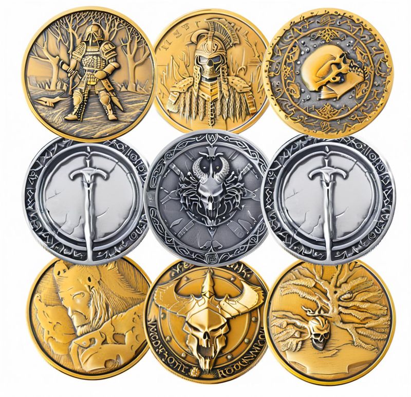 Custom challenge coin design 11, antique gold and silver warrior relief coins