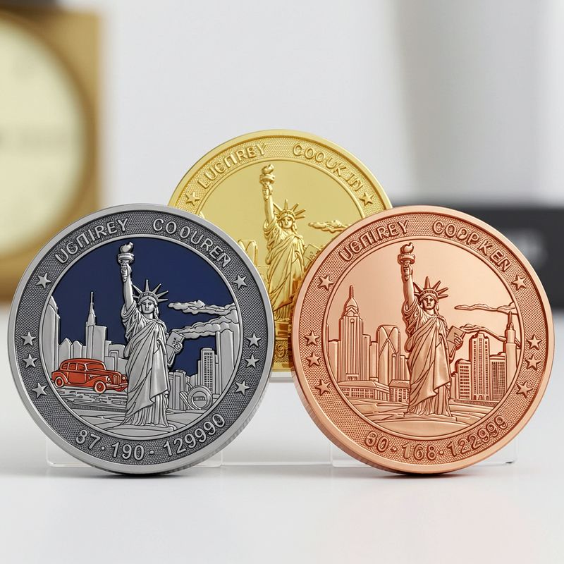 Custom challenge coin design 14, city skyline and Liberty coins