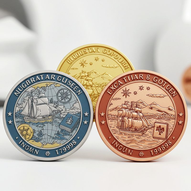 Custom challenge coin design 15, sailing ship coins in blue and copper