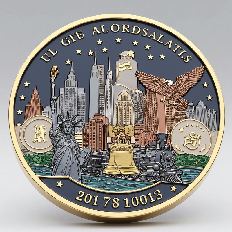 Custom challenge coin design 18, city skyline coin with Liberty and eagle