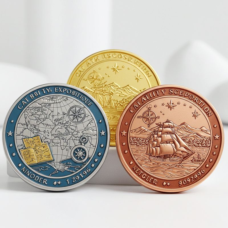 Custom challenge coin design 20, map and ship coins in blue, gold and copper