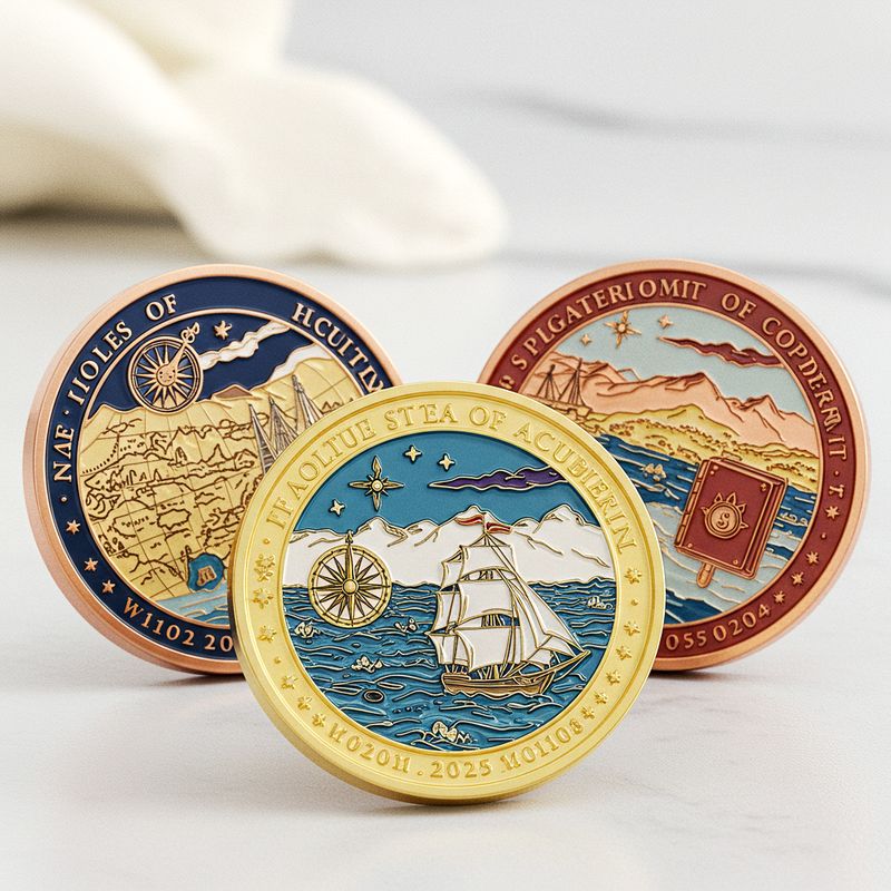 Custom challenge coin design 22, coastal scene coins with ships