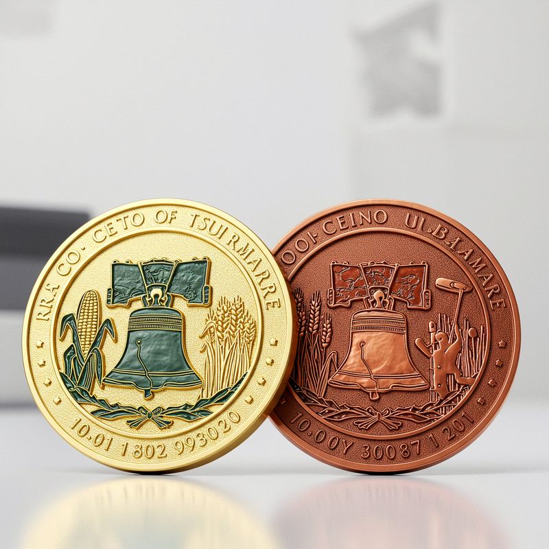 Custom challenge coin design 25, green gold and copper heritage coins