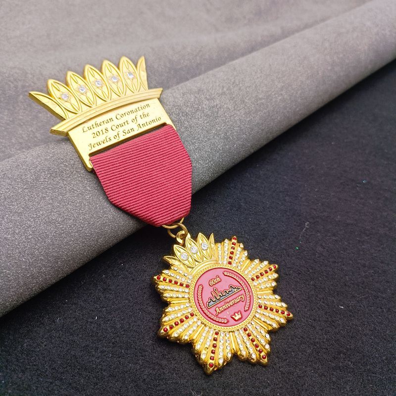 Custom medal design 13, gold honor medal with red ribbon bar