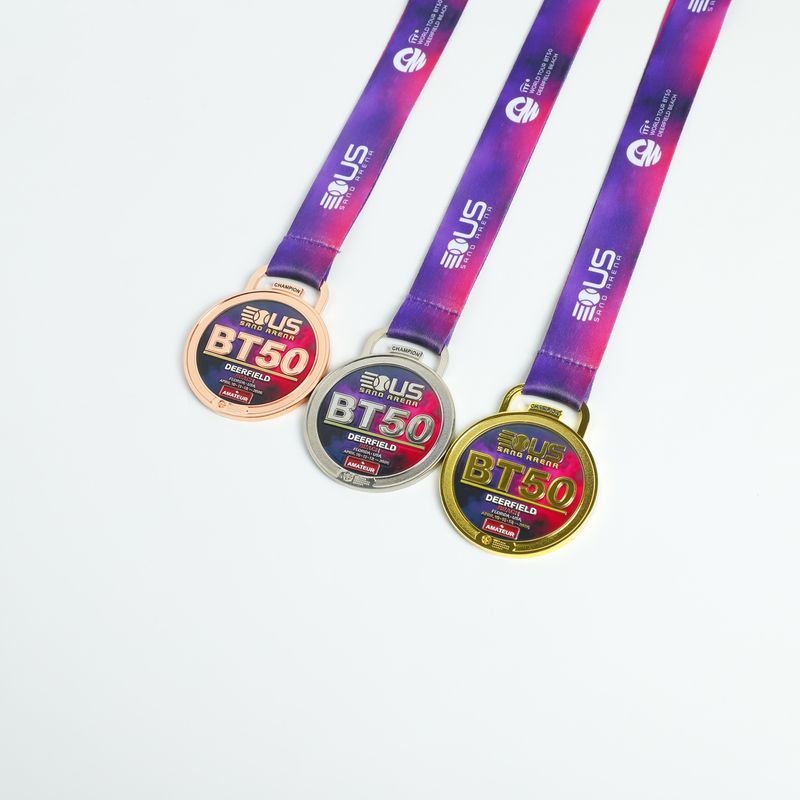 Custom medal design 14, round race medals with purple ribbons