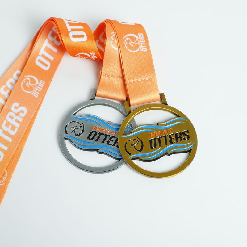 Custom medal design 16, gold and silver race medals on orange ribbons