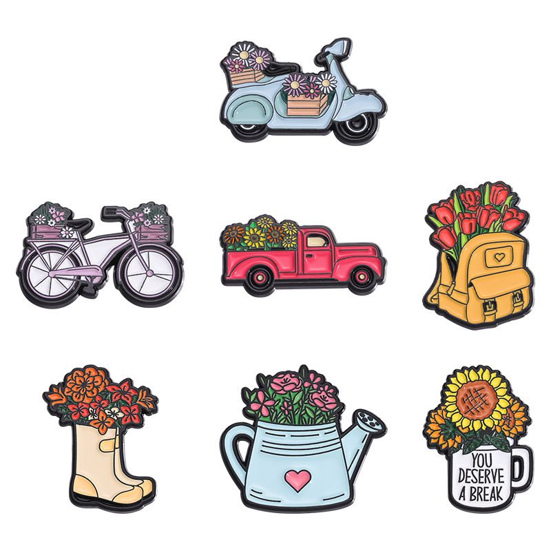 Soft Enamel Lapel Pin Design 12 | Vintage Bike & Garden Pin Set