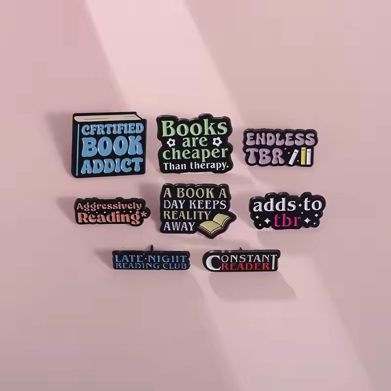 Custom enamel pin design 14, book lover text pins in black rectangles