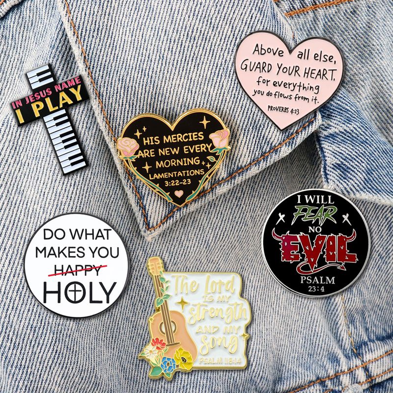 Custom enamel pin design 16, faith message pins on denim jacket