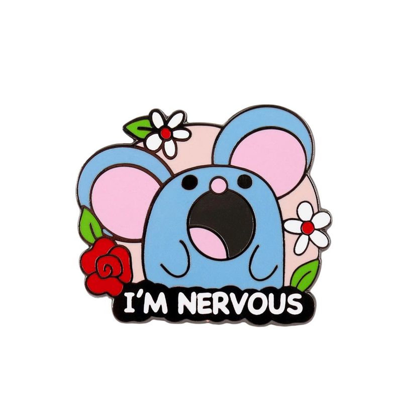 Custom enamel pin design 25, blue cartoon mascot pin with flowers